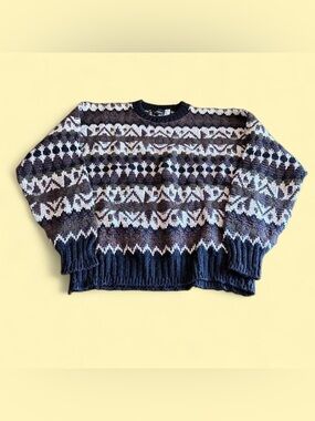 Vintage Sweater Brown Cream Pattern Textured USA Mens L Mark Shale Chunky